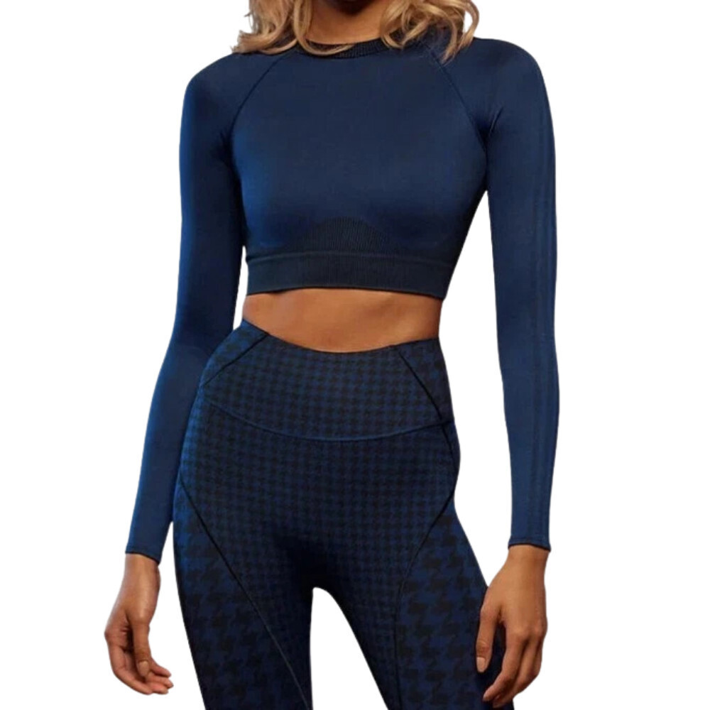 Adidas x Ivy Park HH9361 Top Women XS Dark Blue Stretch Crew Neck Cropped RED561